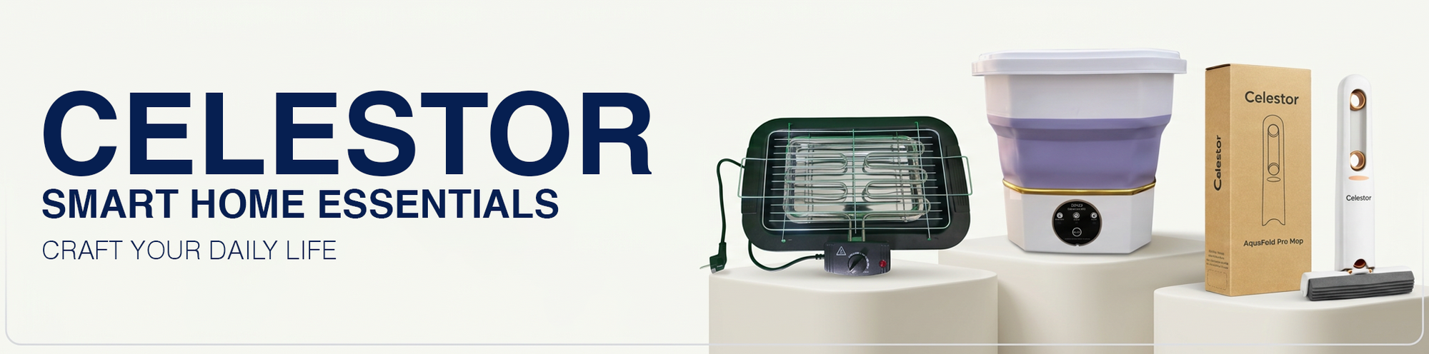 Smart home essentials including electric heater, collapsible wash tub, and mop set on display pedestals.