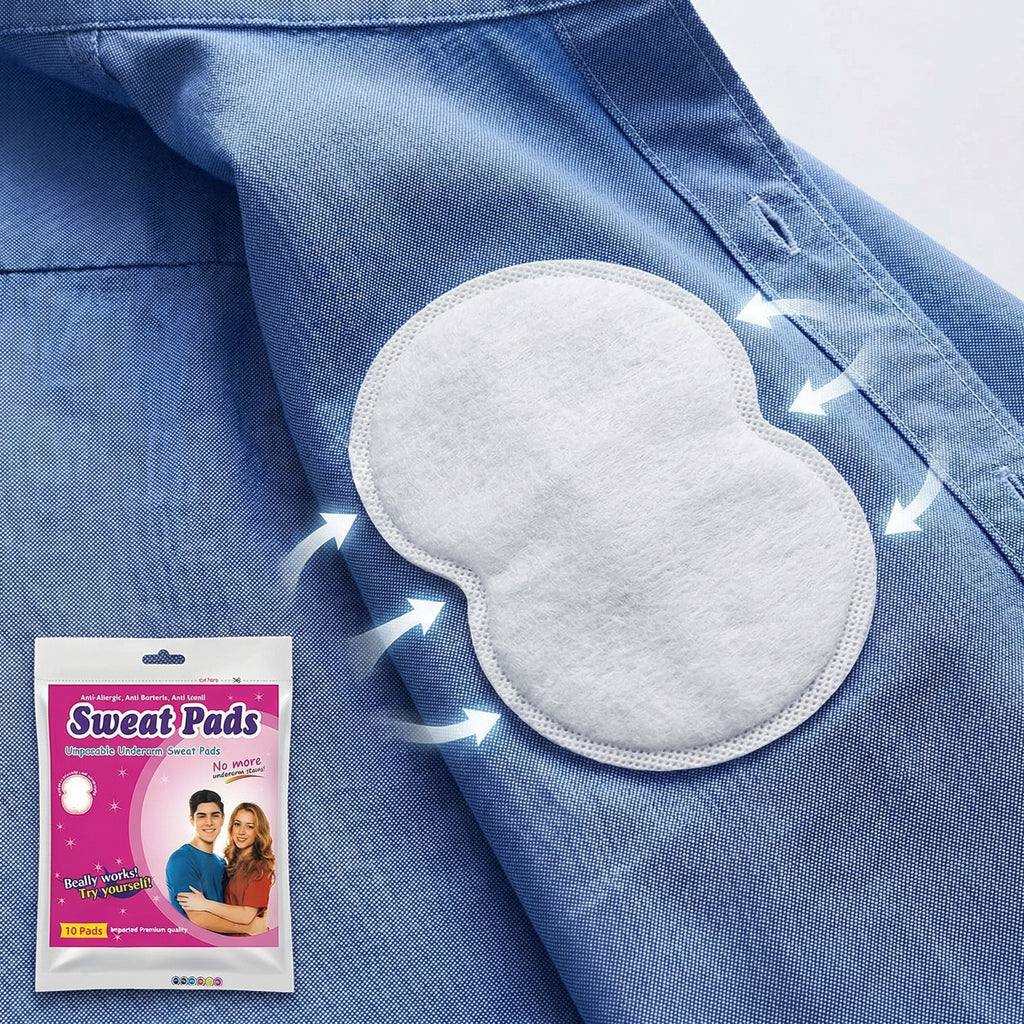 Disposable underarm sweat pad on blue shirt, packaging for sweat protection visible