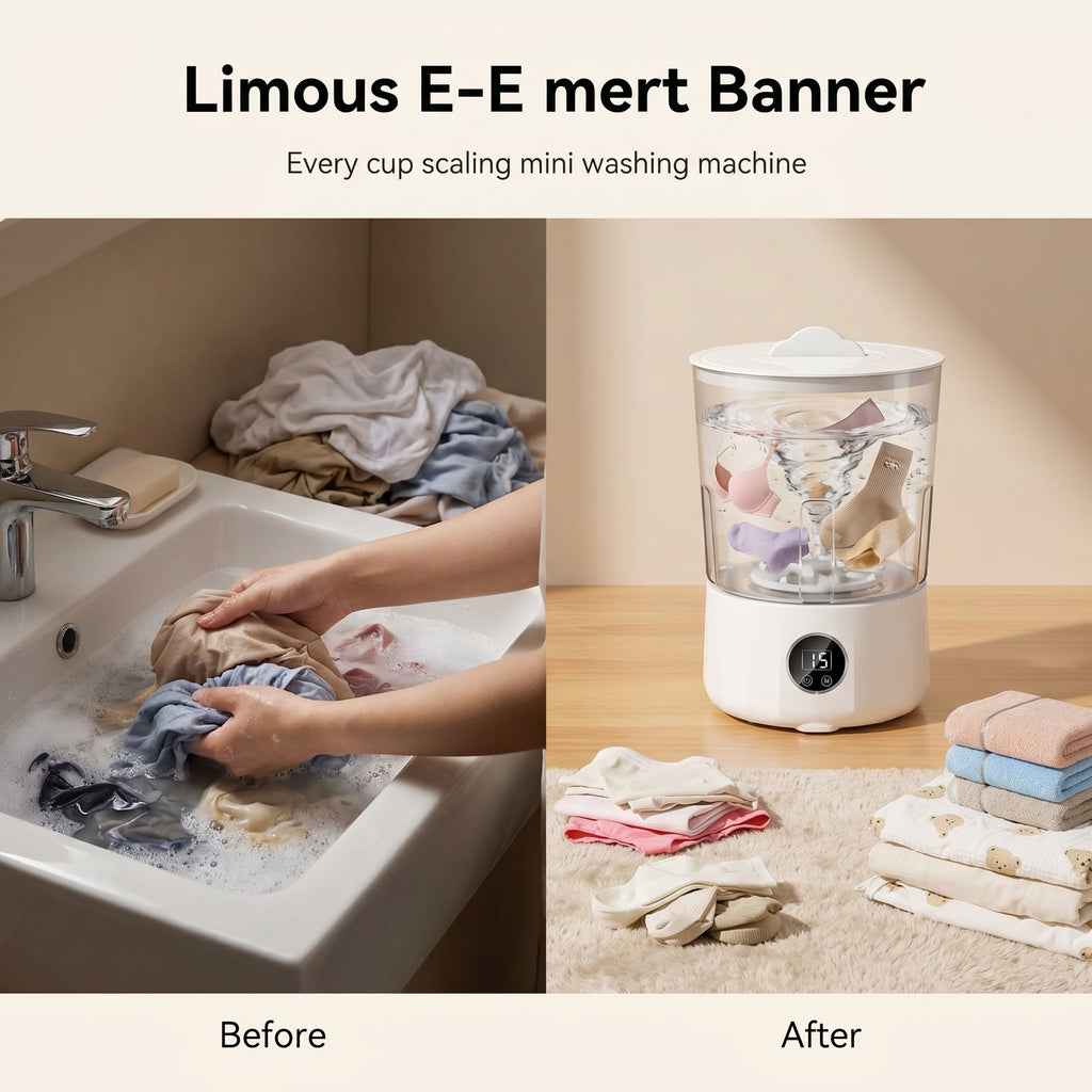 Mini washing machine for delicate laundry, before and after washing comparison
