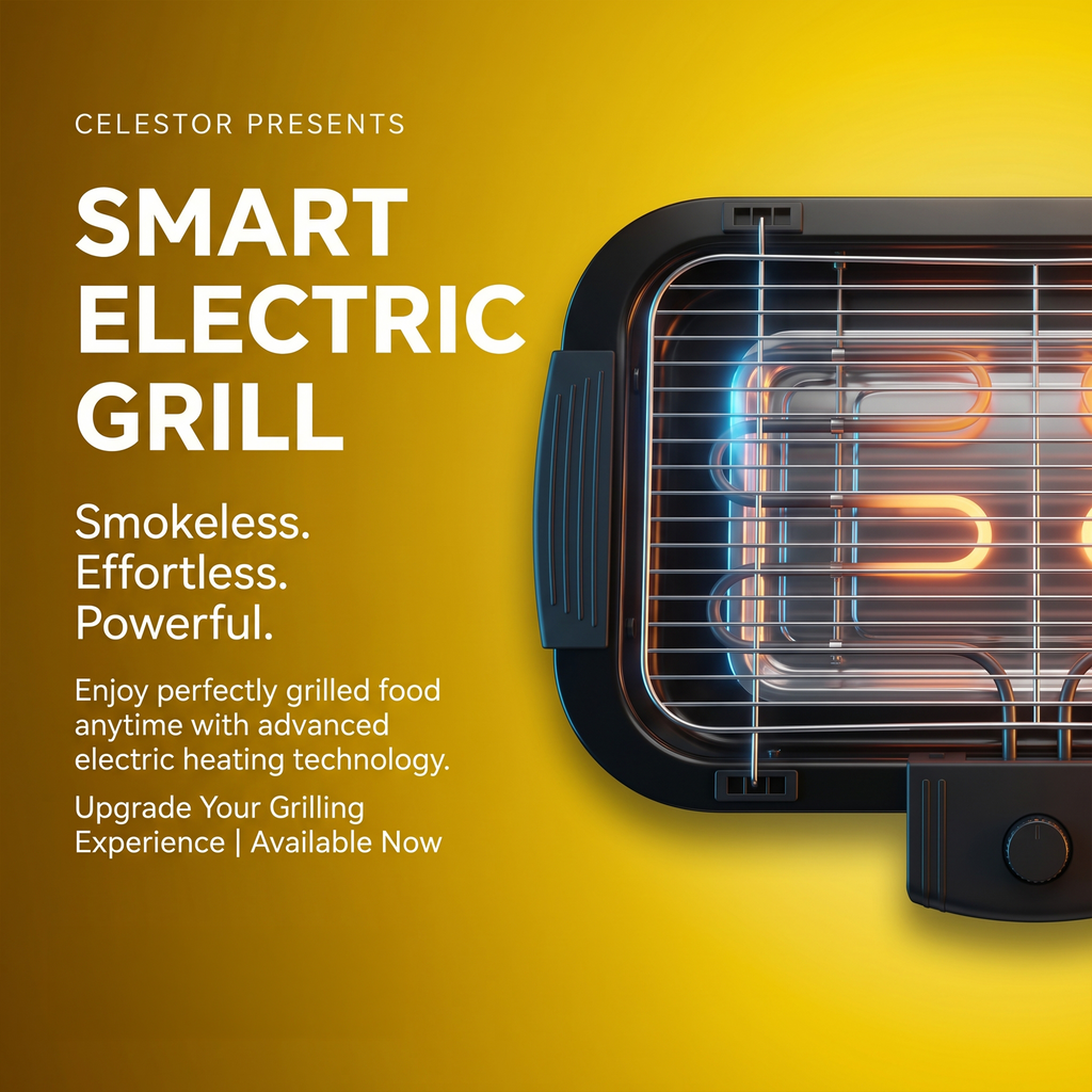 Smart electric grill with metal grate and heating element on a bright yellow background