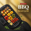 Electric grill with assorted grilled vegetables including peppers, corn, mushrooms, and tomatoes.