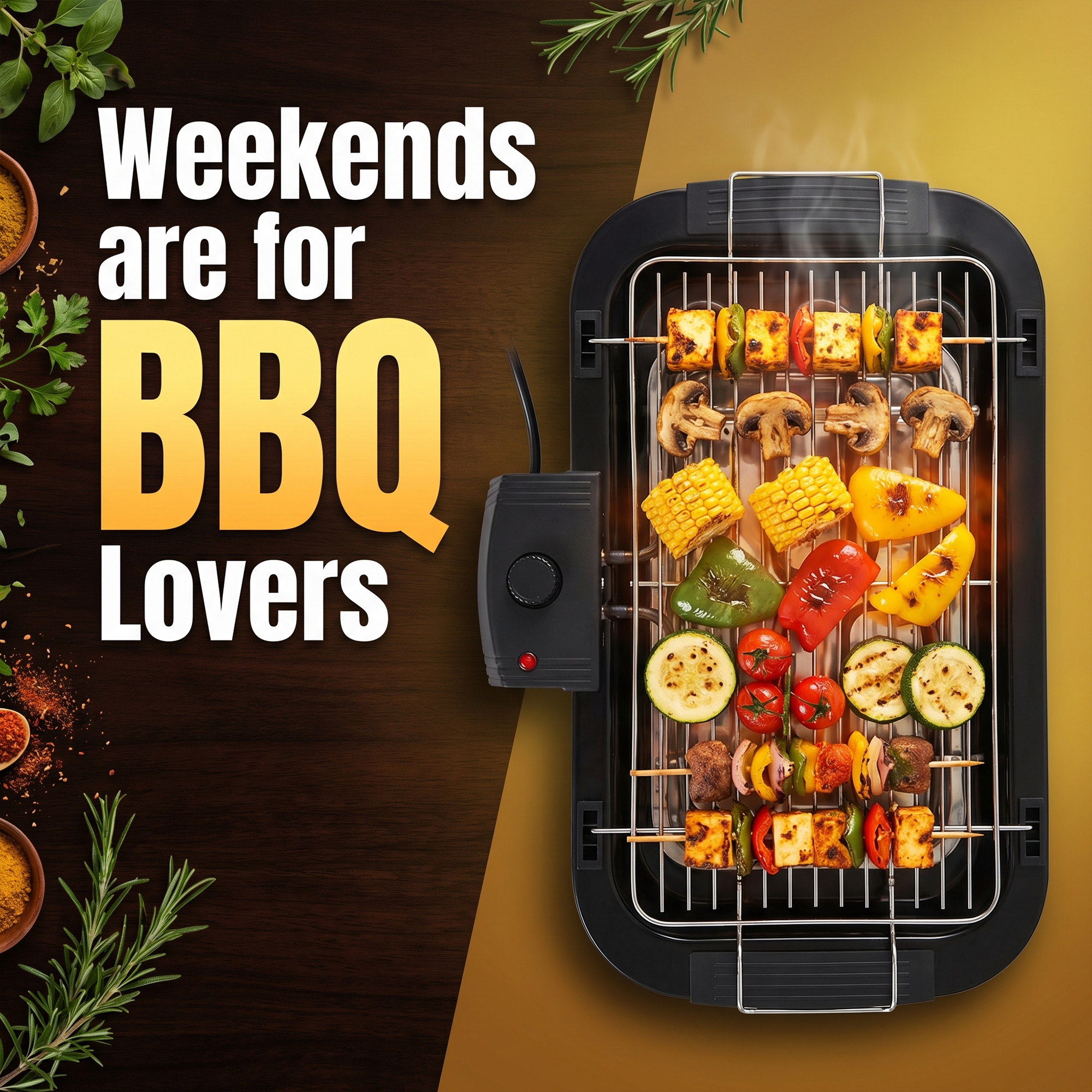 Assorted grilled vegetables and skewers cooking on an electric BBQ grill with herbs nearby