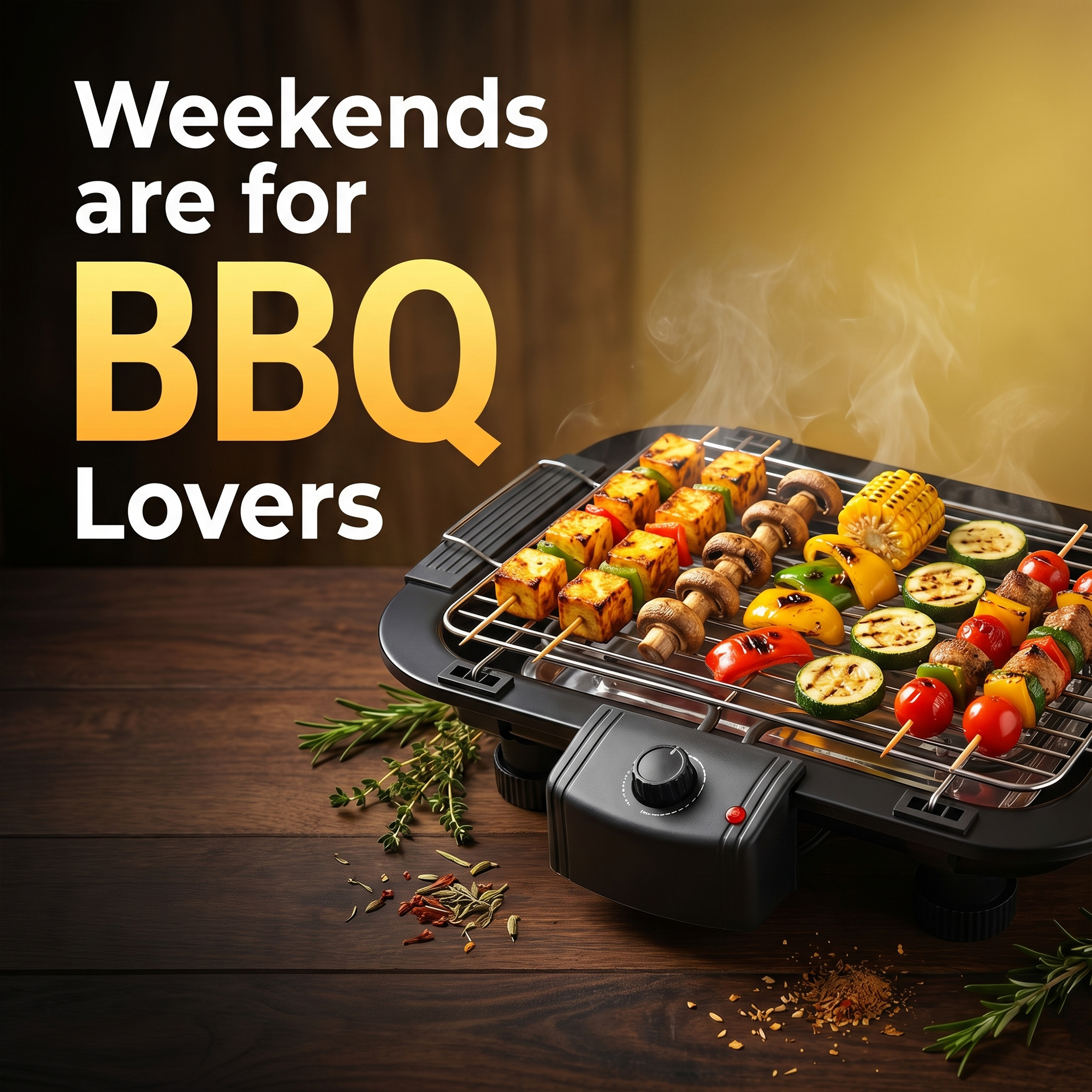 Electric grill with vegetable skewers, corn, and text 'Weekends are for BBQ lovers'