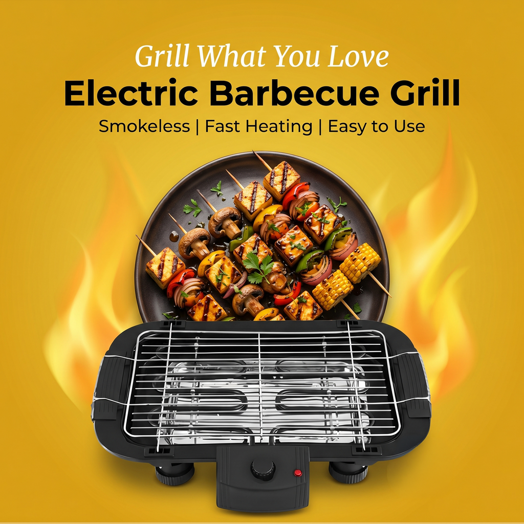 Electric barbecue grill with smokeless fast heating, serving grilled vegetable skewers on a plate