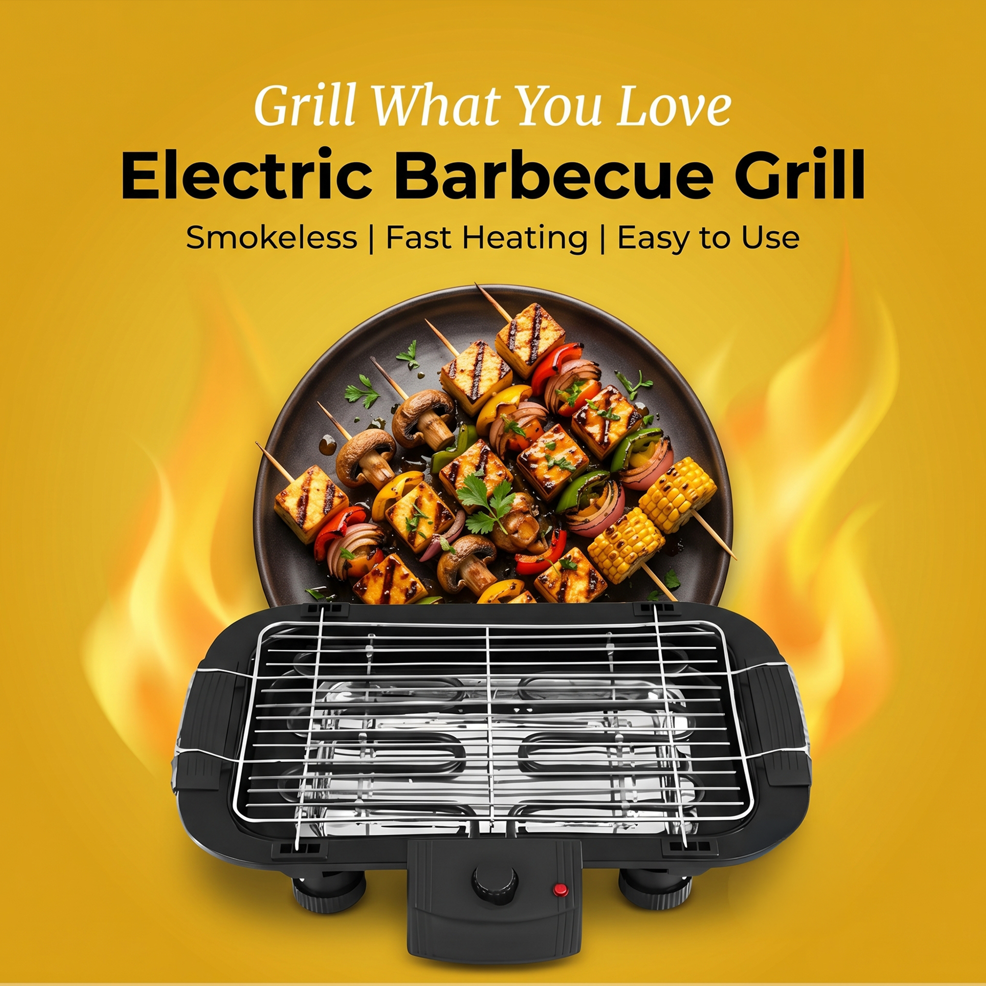 Electric barbecue grill with smokeless fast heating, serving grilled vegetable skewers on a plate