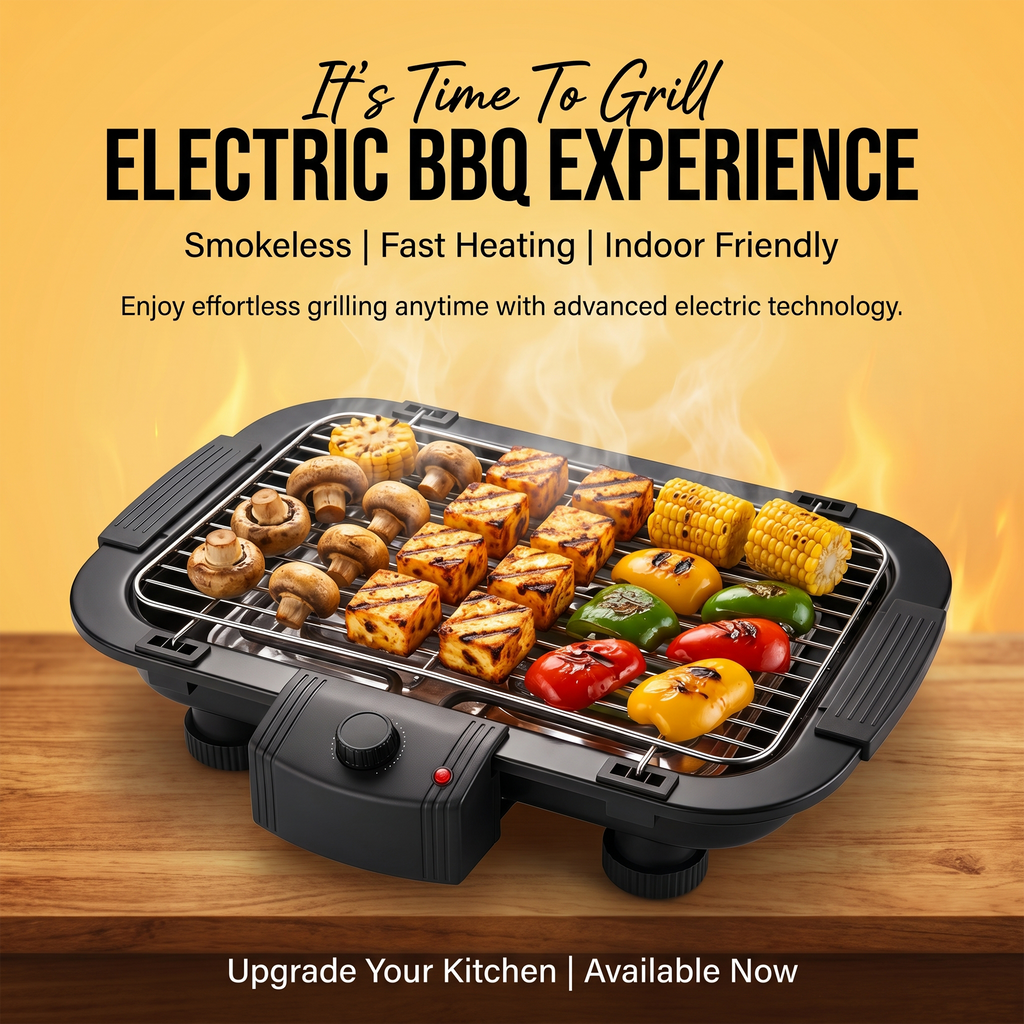 Electric indoor BBQ grill with assorted vegetables and skewers, smokeless and fast heating.