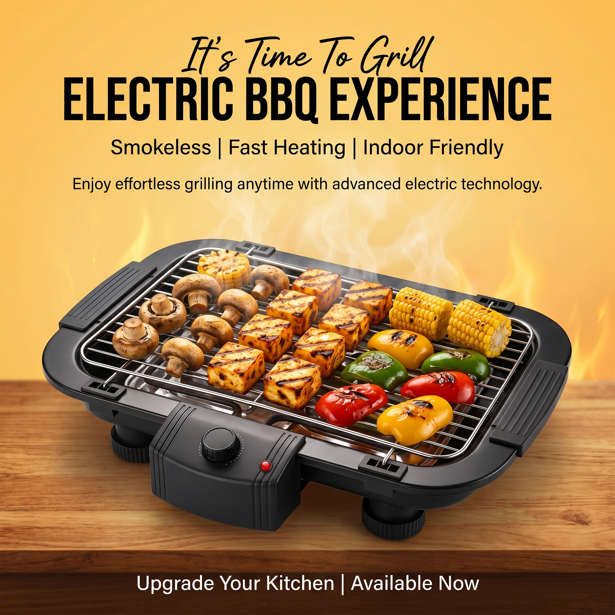 Electric indoor BBQ grill with assorted vegetables and skewers, smokeless and fast heating.