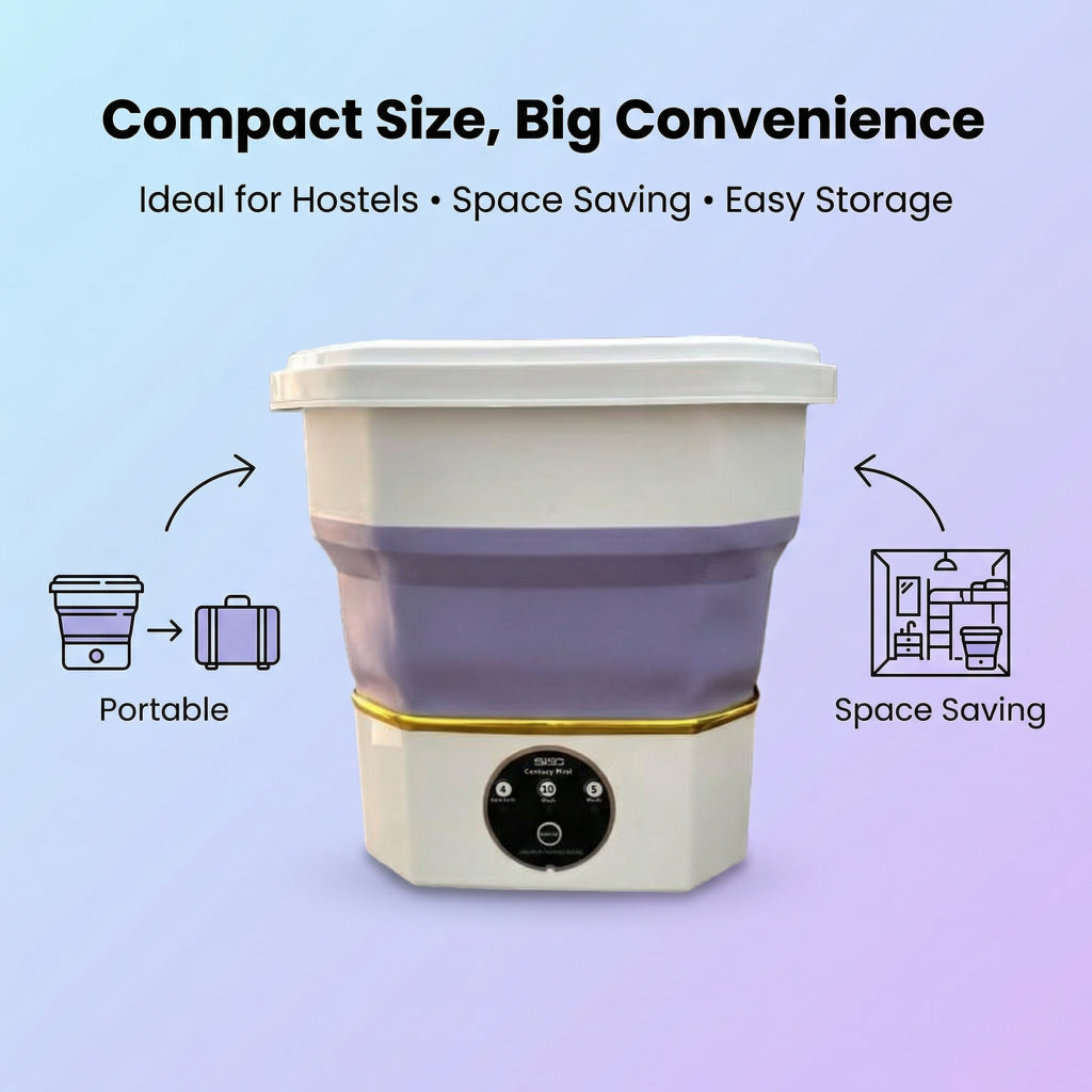 Compact foldable washing machine for small spaces, ideal for hostels, portable and space saving.