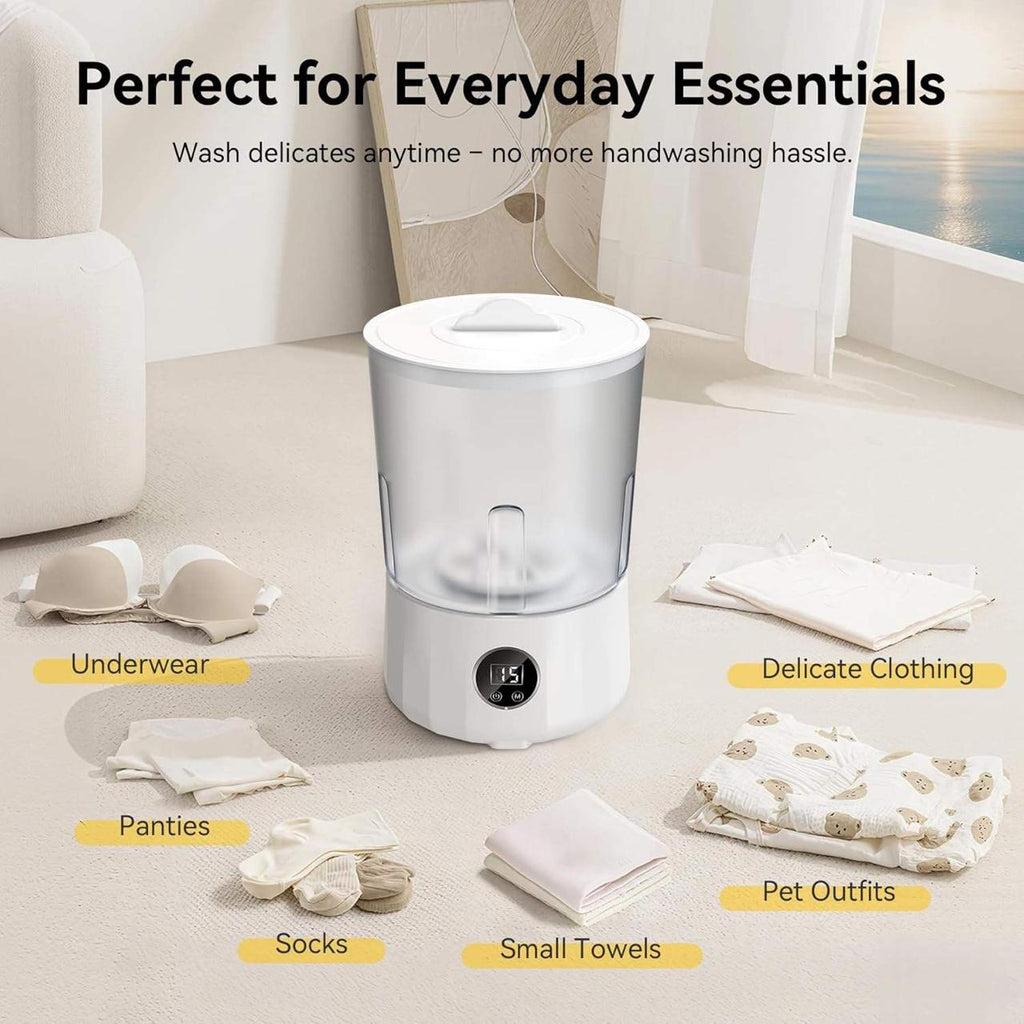 Compact mini washing machine for underwear, delicates, socks, towels, and pet outfits in a bright room.