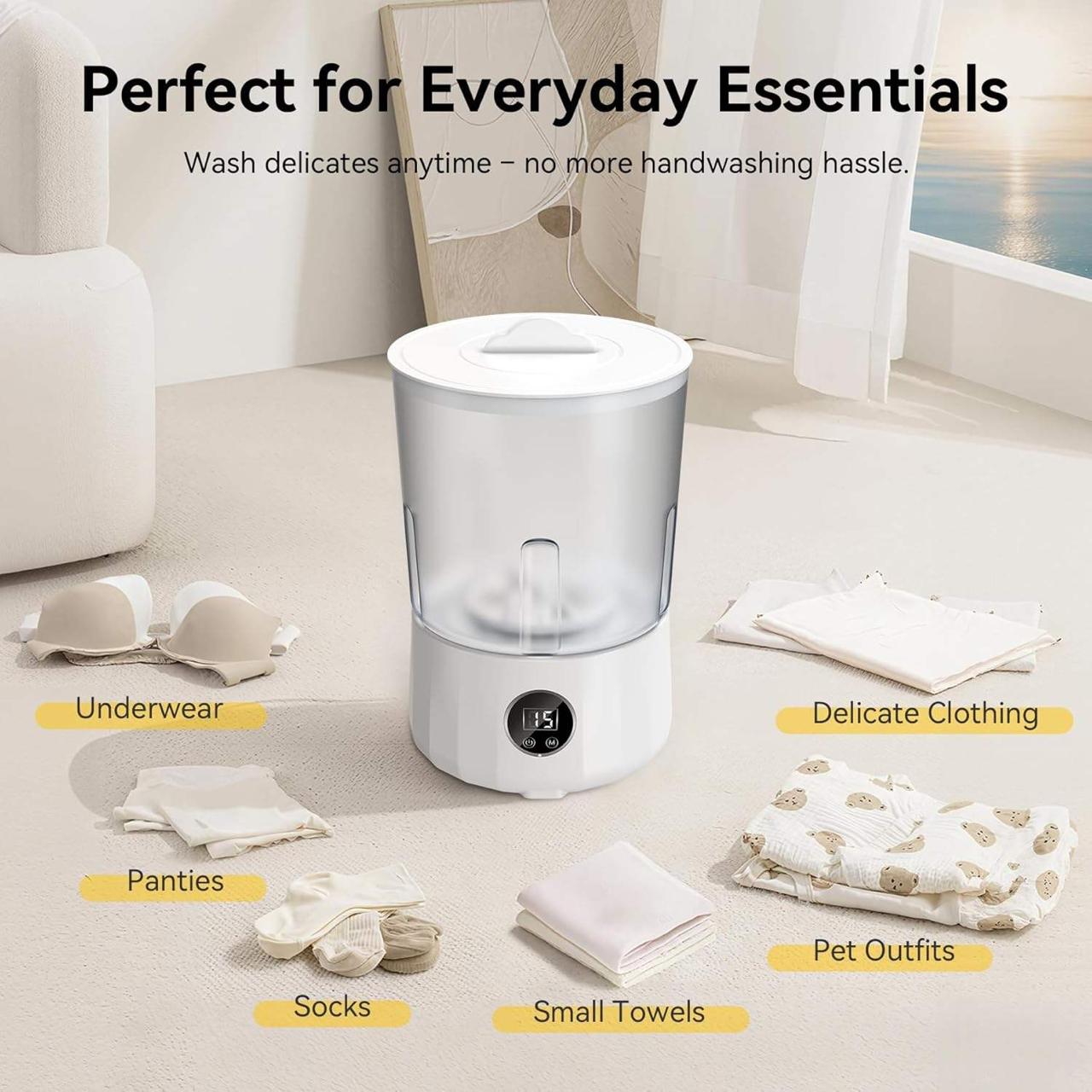 Compact mini washing machine for underwear, delicates, socks, towels, and pet outfits in a bright room.