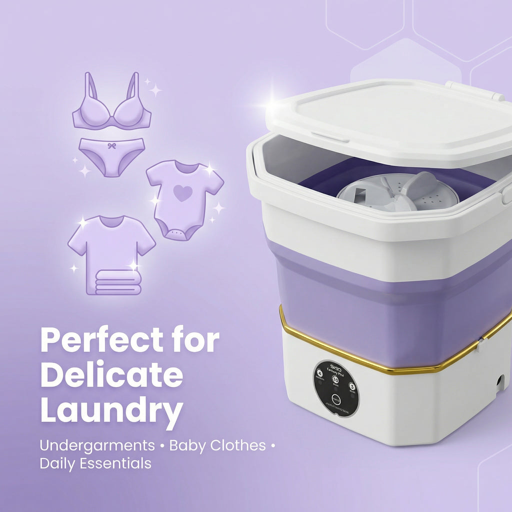 Compact portable washing machine for delicate laundry with icons of undergarments and baby clothes