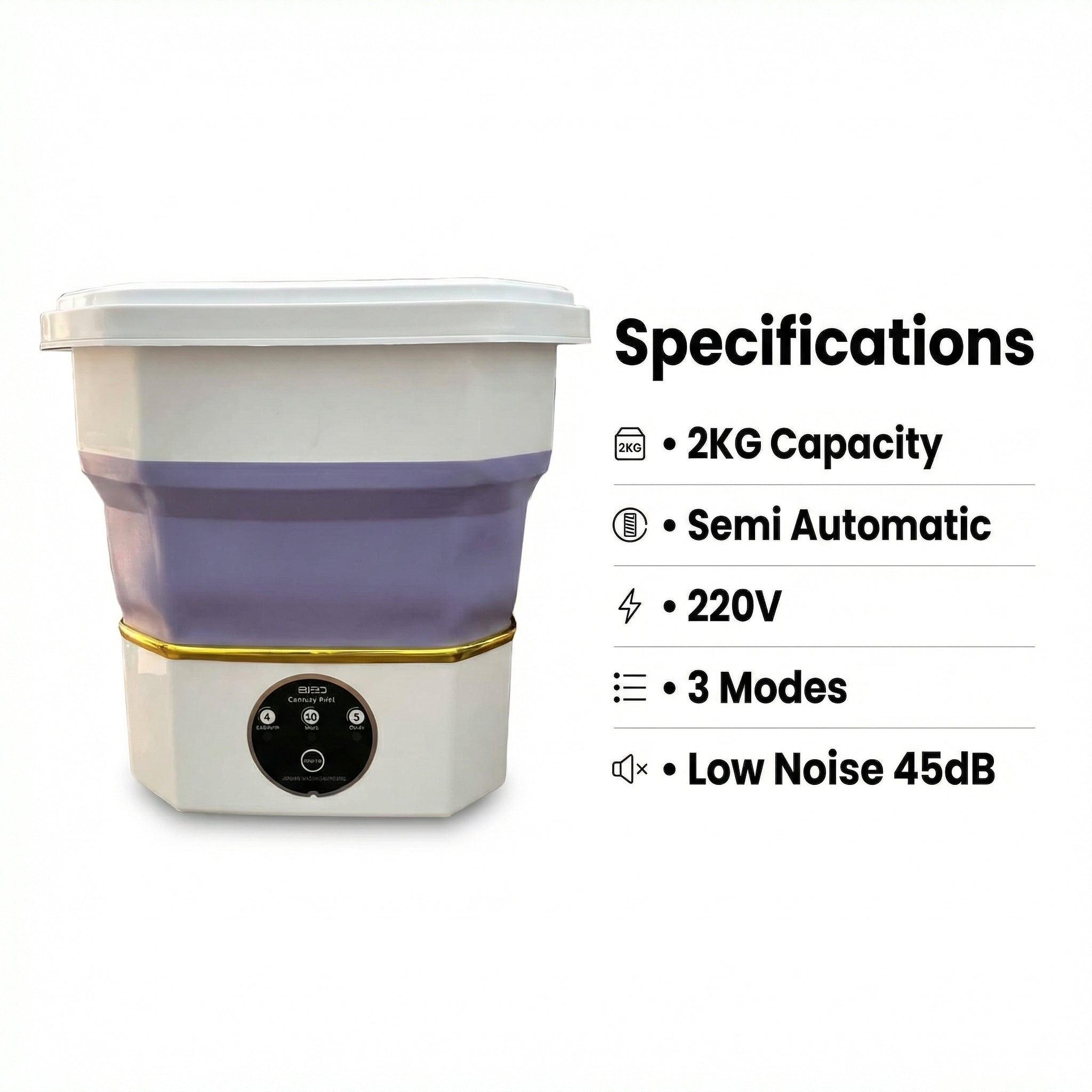 Collapsible semi automatic washing machine with 2KG capacity, 220V, 3 modes, 45dB low noise.