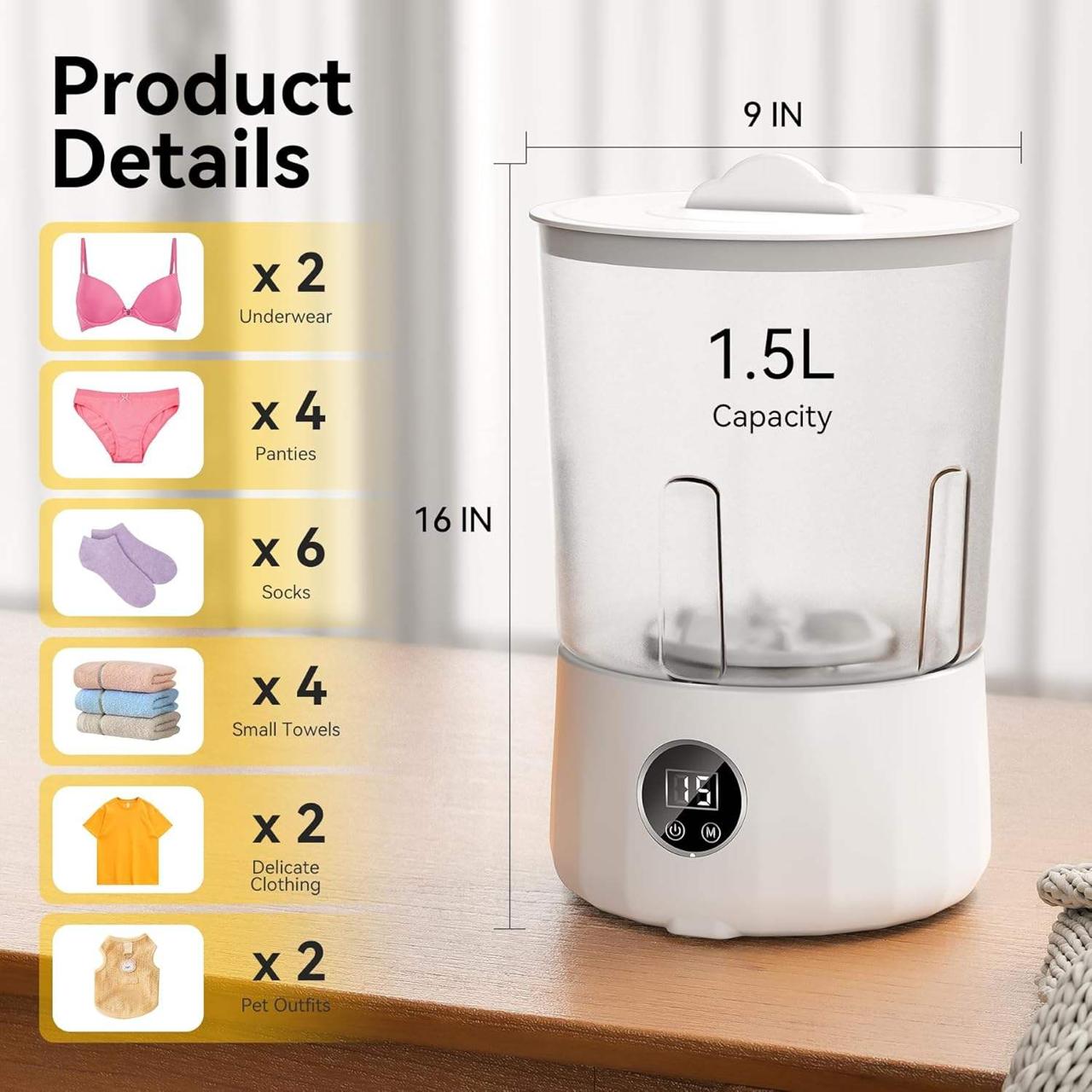 Compact 1.5L portable washing machine with digital panel, product capacity details listed.