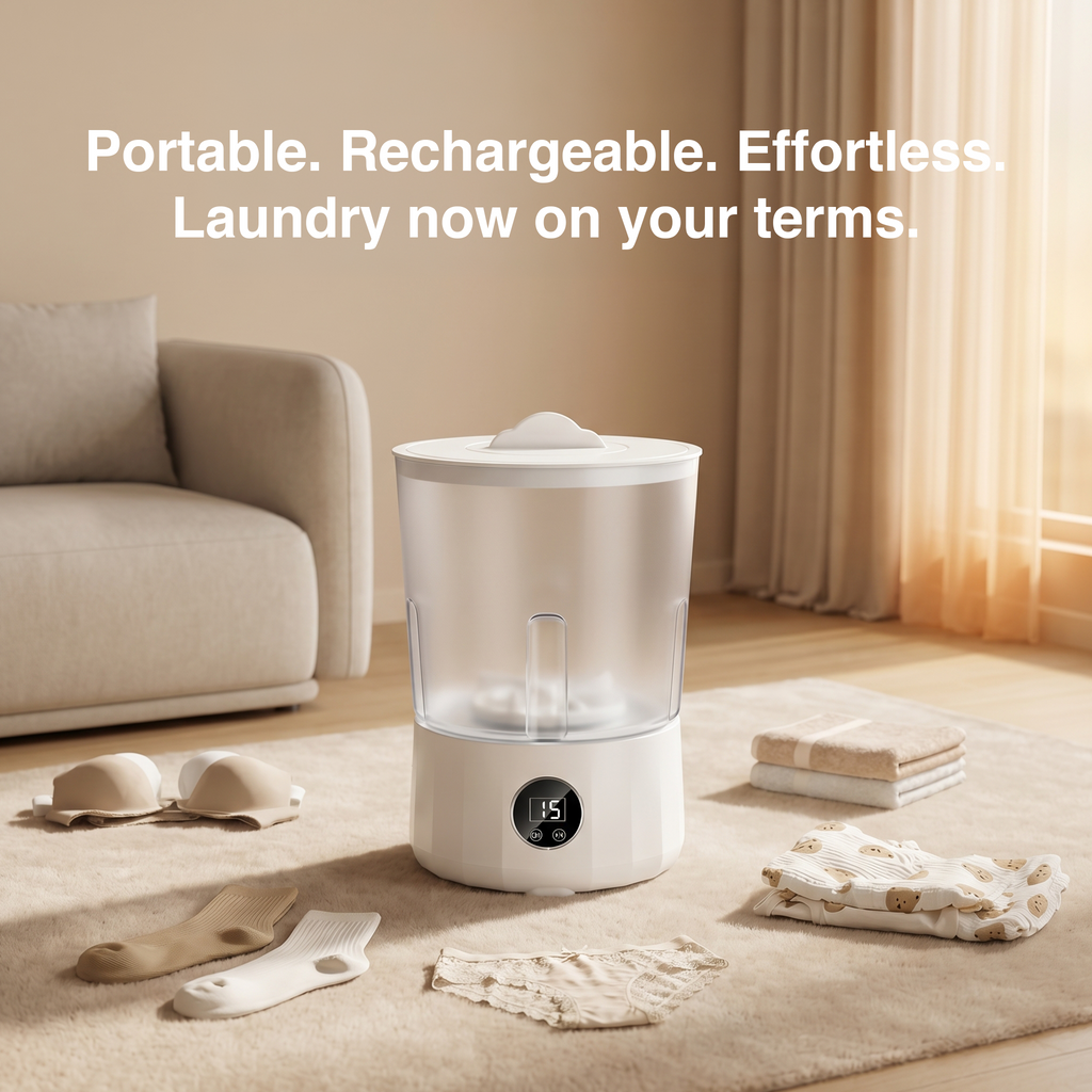 Portable mini washing machine in cozy living room with digital display and laundry items