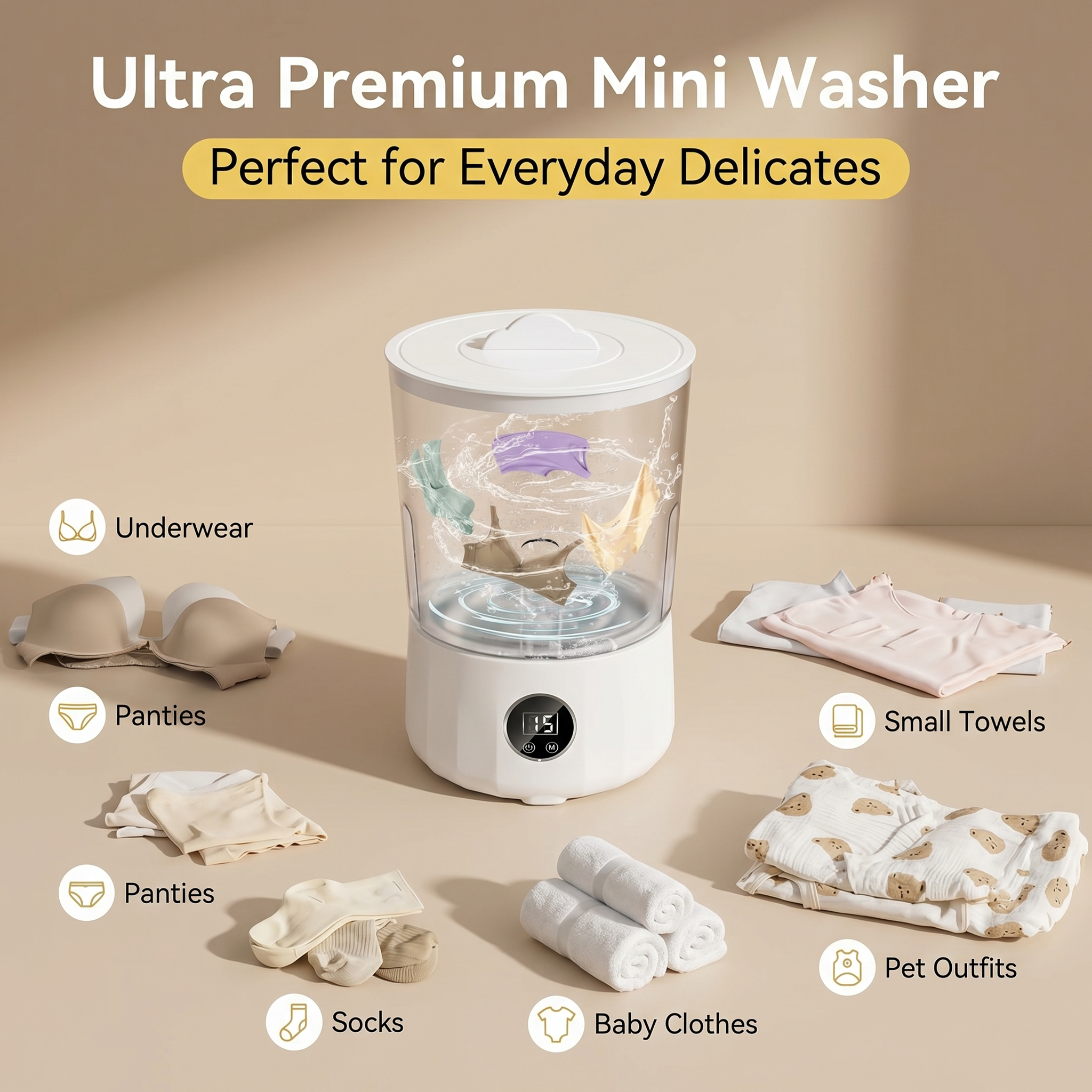 Compact mini washer with digital display, surrounded by underwear, socks, towels, baby and pet clothes, ideal for washing delicate laundry.