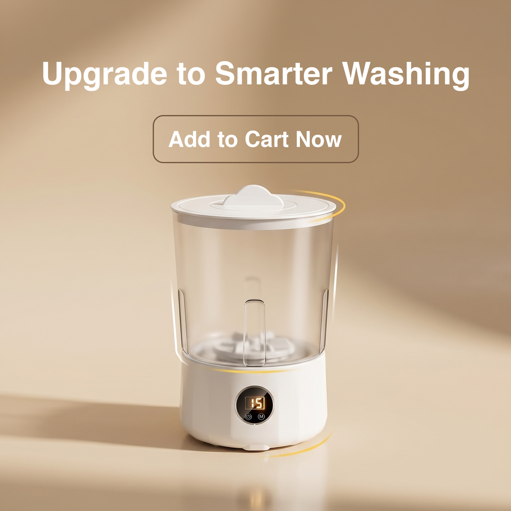 Compact smart mini washing machine with digital display on neutral background